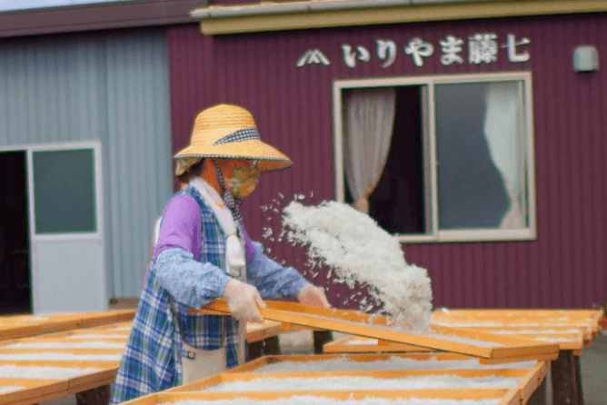 しらすを新鮮な空気に触れさせながら天地を変えていく作業